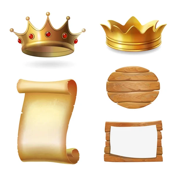 Medieval icons. Gold crown, scroll and signboard. Illustration .