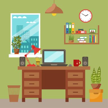 Vektör renkli Ofis Masası ile iç mekan bitkileri