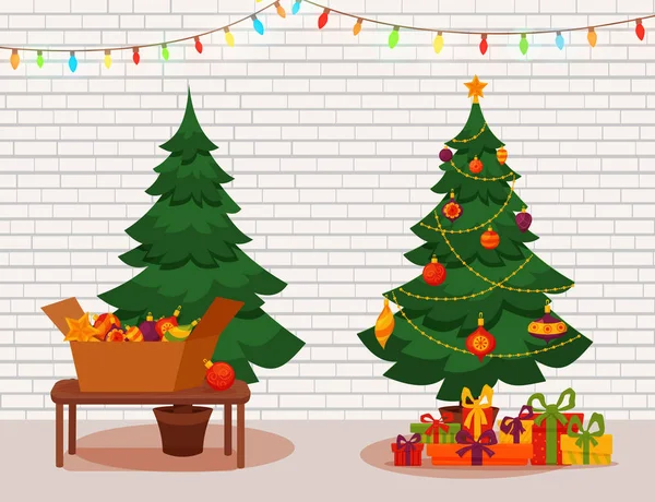 Julgran med ljus och julklappar — Stock vektor