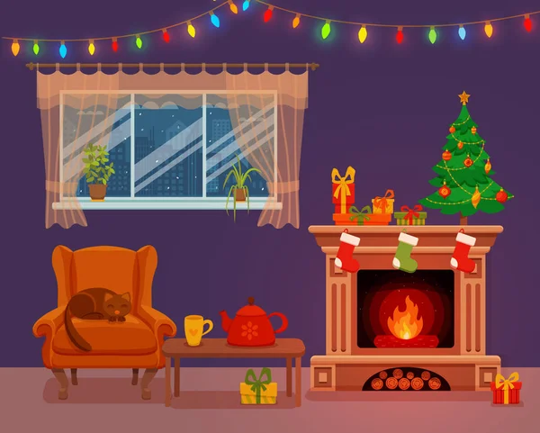 Weihnachten Zimmer Interieur in bunten Cartoon flachen Stil. — Stockvektor