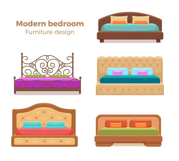 Conjunto de camas coloridas con almohadas y mantas — Vector de stock