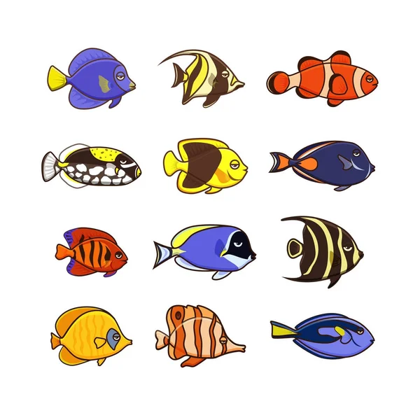 Lindo conjunto de iconos de ilustración de vectores de peces. Peces tropicales, peces marinos , — Vector de stock