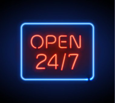 Neon tabela 24 7 ışık vektör arka plan açık