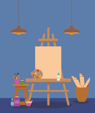 Art studio iç renkli vektör çizim.
