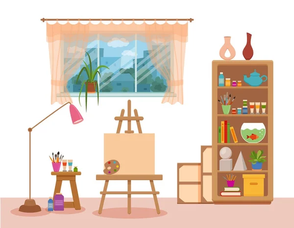 Art studio iç renkli vektör çizim.