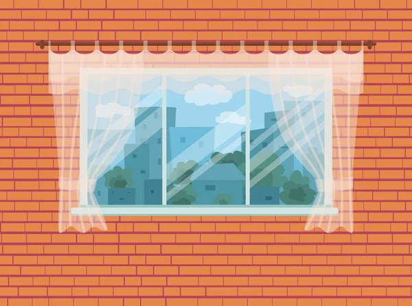 Window with city landscape and trees view outside. — Stock Vector