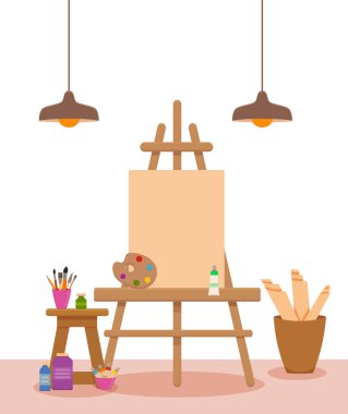 Art studio iç renkli vektör çizim.
