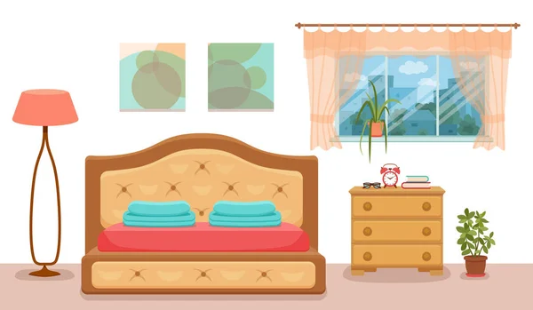 Vektor interior kamar tidur. Ilustrasi berwarna - Stok Vektor