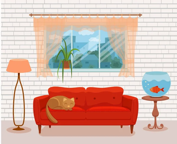 Ruang tamu interior nyaman dengan sofa berwarna-warni - Stok Vektor