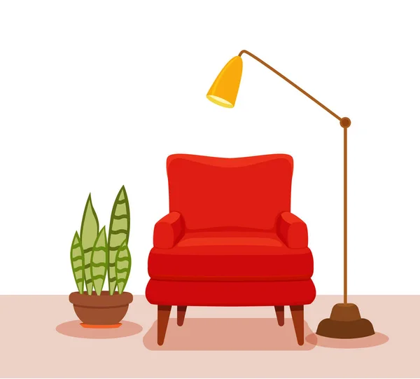 Intérieur avec un fauteuil plante en pot, lampadaire . — Image vectorielle