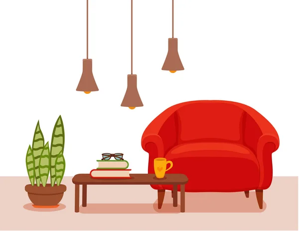 Intérieur avec un fauteuil plante en pot, lampadaire . — Image vectorielle