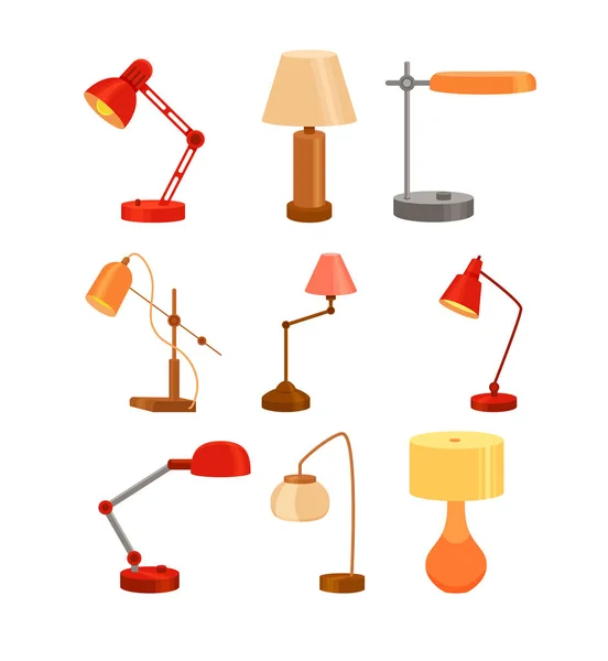 Desk lamp set modern cartoon colorful vector illustration. — Stock Vector