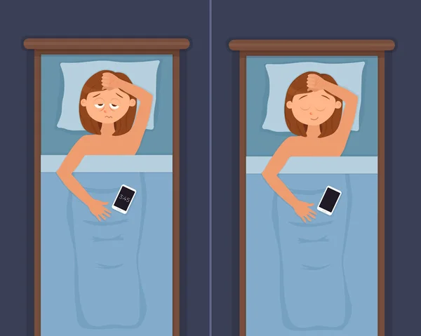 Mujer insomne cara personaje de dibujos animados sufre de insomnio problema — Vector de stock