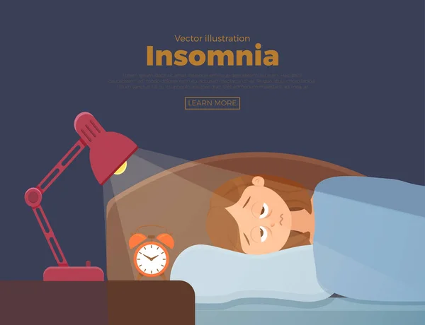 Mujer insomne cara personaje de dibujos animados sufre de insomnio problema — Vector de stock