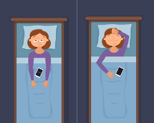 Mujer insomne cara personaje de dibujos animados sufre de insomnio — Vector de stock