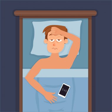 Uykusuz adam yüz çizgi film karakteri uykusuzluk çekiyor.