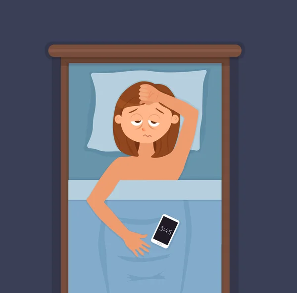 Álmatlan nő arca rajzfilmfigura szenved álmatlanságban — Stock Vector