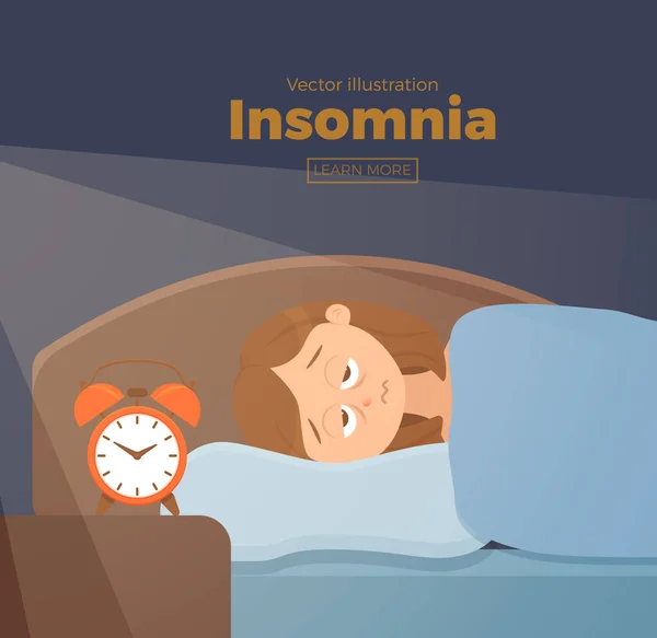 Mujer insomne cara personaje de dibujos animados sufre de insomnio — Vector de stock