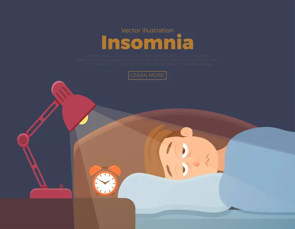 Hombre insomne cara personaje de dibujos animados sufre de insomnio . — Vector de stock