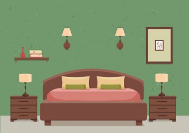 Yatak odası iç vektör. Renkli resimde