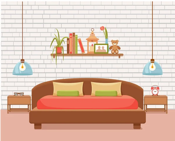 Ilustración colorida de la cama de los muebles del apartamento del hotel, mesita de noche, lámpara, planta de la casa . — Vector de stock