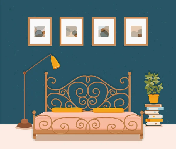 ホテル アパート家具ベッド、ベッドサイド テーブル、ランプ、家の植物のカラフルなイラスト. — ストックベクタ