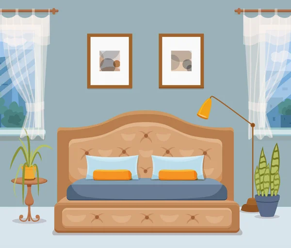 Ilustração colorida da cama da mobília do apartamento do hotel, tabela da cabeceira, lâmpada, planta da casa . — Vetor de Stock