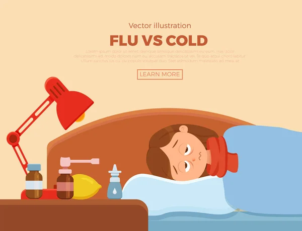 Niña enferma en la cama con los síntomas de resfriado, gripe . — Vector de stock