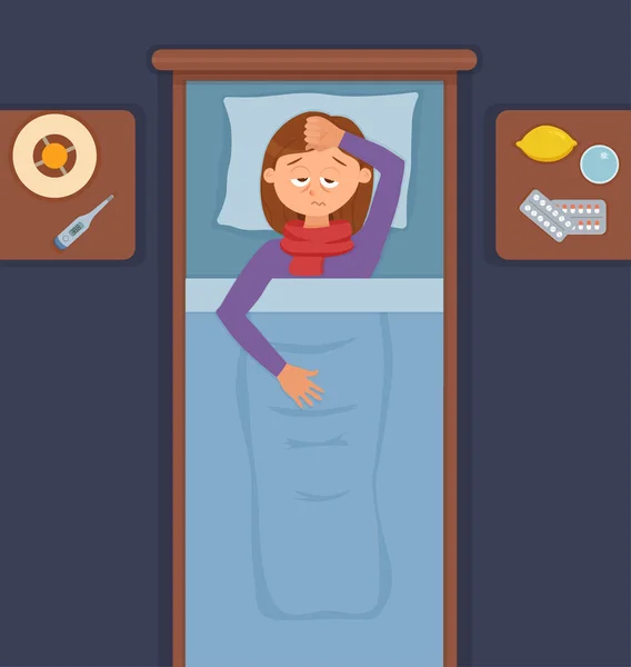 Άρρωστο κορίτσι στο κρεβάτι με τα συμπτώματα της γρίπης κρύο,. — Διανυσματικό Αρχείο