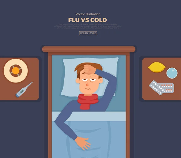 Sick guy in bed with the symptoms of cold, flu — Stock Vector