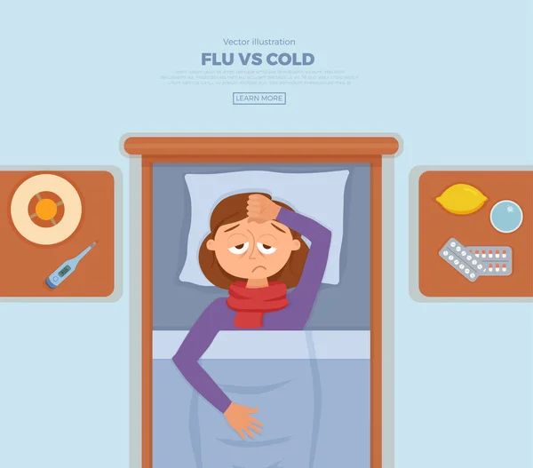 Nemocná dívka v posteli s příznaky nachlazení, chřipky. — Stockový vektor