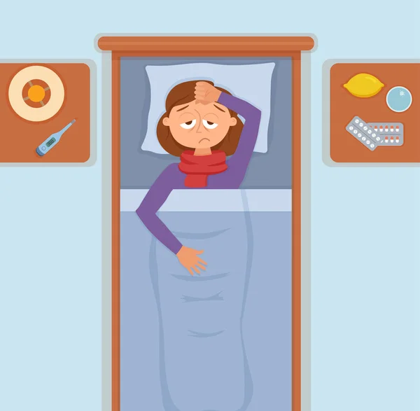 Gadis sakit di tempat tidur dengan gejala dingin, flu . - Stok Vektor