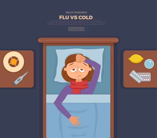 Sick girl in bed with the symptoms of cold, flu. — Stock Vector