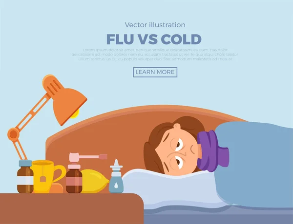 Krankes Mädchen im Bett mit Erkältungssymptomen, Grippe. — Stockvektor