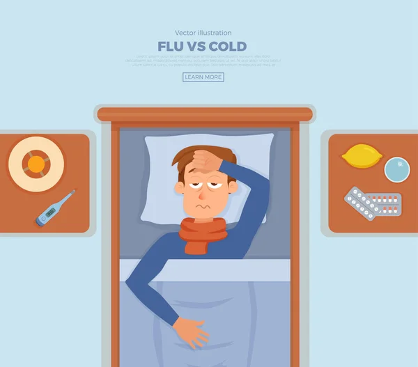 Sick guy in bed with the symptoms of cold, flu. — Stock Vector