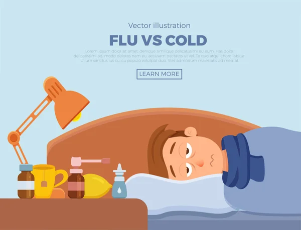 Больной парень в постели с симптомами простуды, гриппа . — стоковый вектор