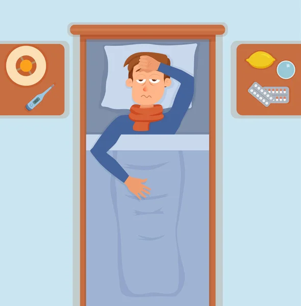 Orang sakit di tempat tidur dengan gejala dingin, flu . - Stok Vektor