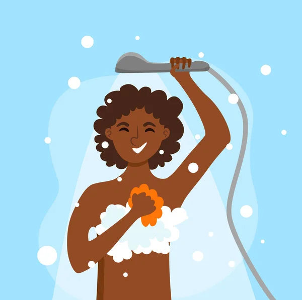 Junge Afroamerikanerin unter der Dusche Cartoon Vektor Illustration — Stockvektor