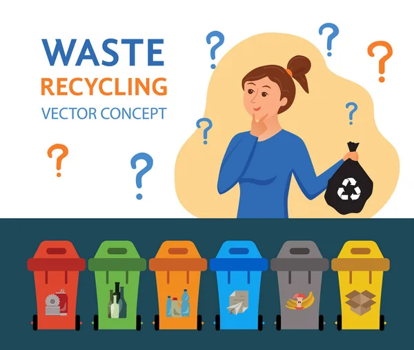 Jeune femme jetant des ordures dans des conteneurs illustration vectorielle . — Image vectorielle