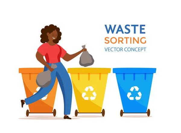 Jeune Afro-Américaine jetant des ordures dans des contenants Illustration vectorielle. — Image vectorielle