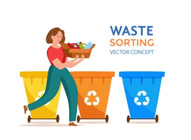Genç bir kadın konteynırlara plastik çöp atıyor.