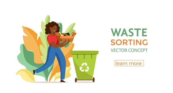 Jeune femme afro américaine jetant des déchets de verre dans des contenants Illustration vectorielle — Image vectorielle