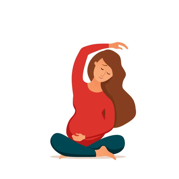 Young pregnant woman practicing yoga cartoon style vector illustration. — Stock Vector