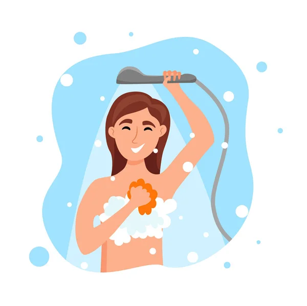 Mujer joven tomando ducha ilustración vector de dibujos animados . — Vector de stock