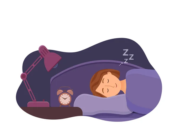 Κοιμισμένος γυναίκα πρόσωπο καρτούν χαρακτήρα ευτυχισμένο κορίτσι έχουν ένα γλυκό όνειρο. — Διανυσματικό Αρχείο