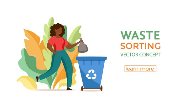 Jeune Afro-Américaine jetant des ordures dans des contenants Illustration vectorielle. — Image vectorielle