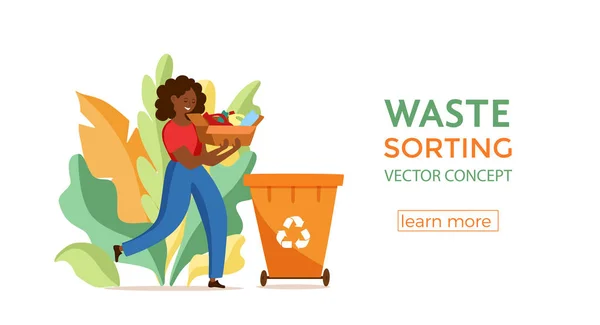 Jeune Américaine d'origine africaine jetant des ordures en plastique dans des contenants Illustration vectorielle. — Image vectorielle