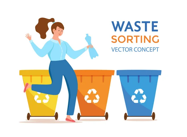 Mladá žena házet plastové odpadky do kontejnerů vektorové ilustrace — Stockový vektor