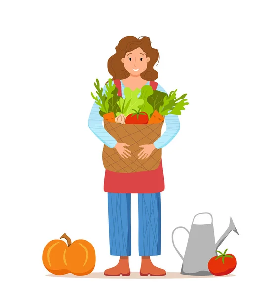 Comer produtos orgânicos locais conceito vetor cartoon. Ilustração colorida de agricultor feliz — Vetor de Stock