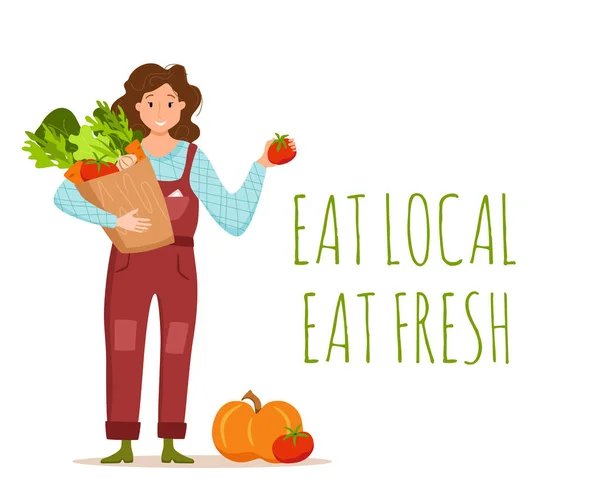Essen Sie lokale Bioprodukte. Bunte Illustration des glücklichen Bauern — Stockvektor